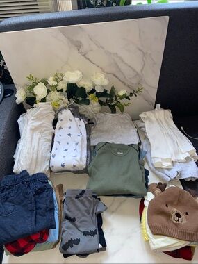 Baby Basics Mostly Carter's Hats,sweaters,Pants with Mixed Onesies sizes 6-12 mo
